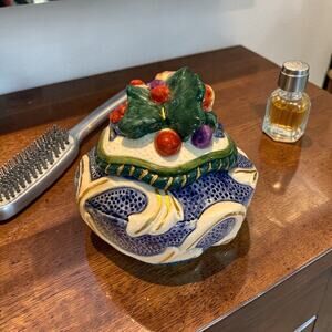 Ceramic trinket box with lid titled 'Florentine Fruit Blue' by Fitz & Floyd
